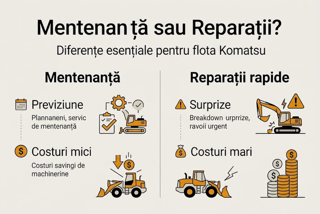Infografic: principalele diferențe dintre întreținerea și reparațiile utilajelor Komatsu