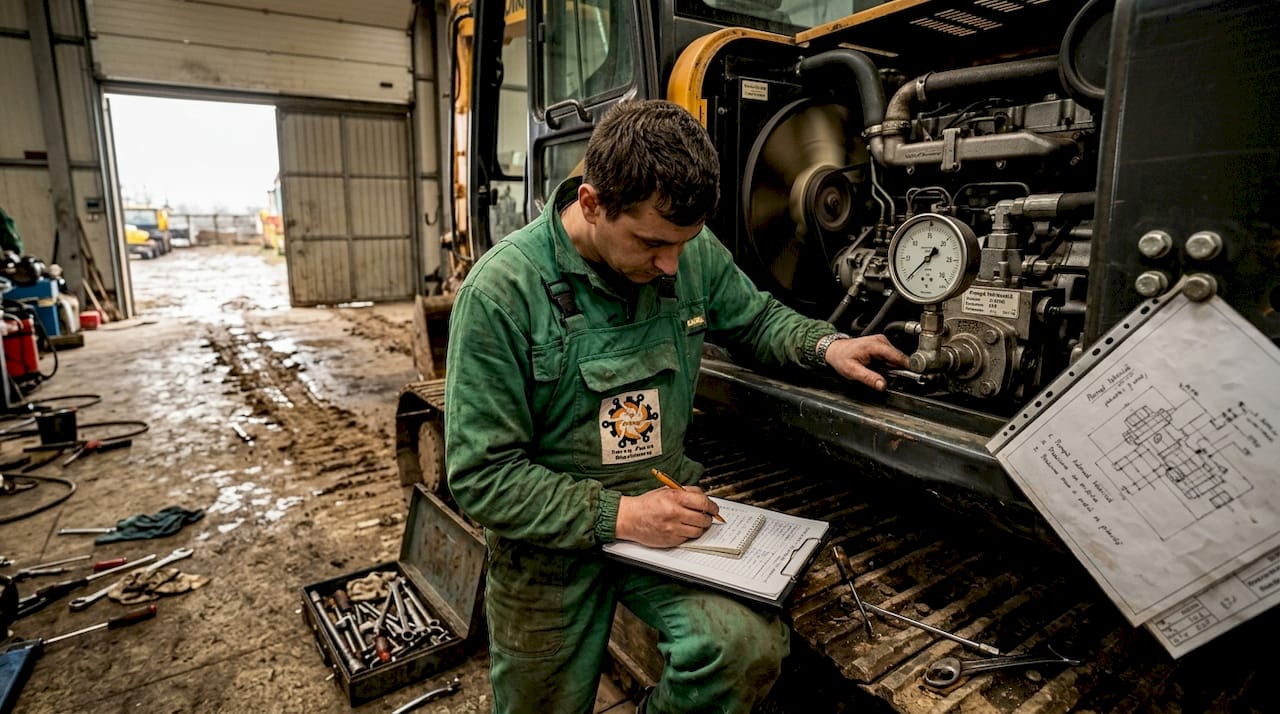 Tehnicianul verifică presiunea pe manometrul pompei hidraulice.