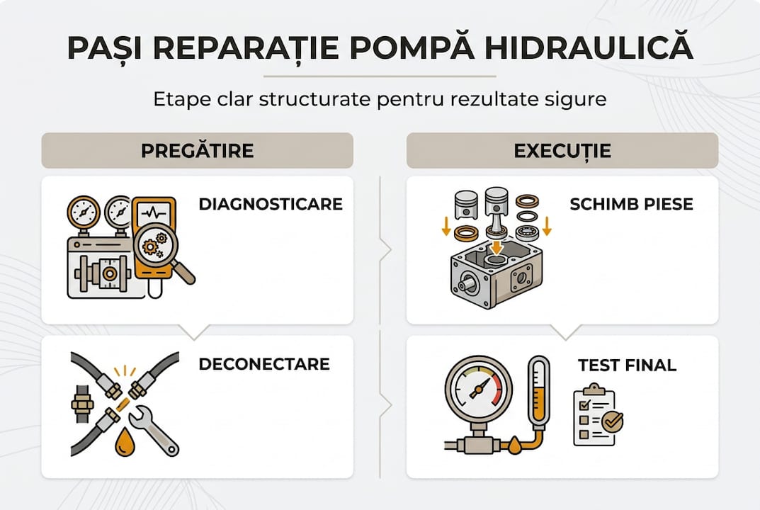 Infografic: etapele principale pentru repararea unei pompe hidraulice