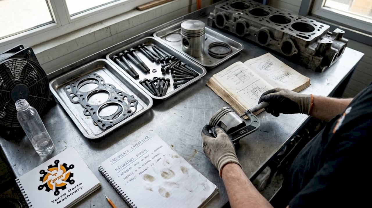 Piese de motor Caterpillar așezate ordonat pe bancul de lucru