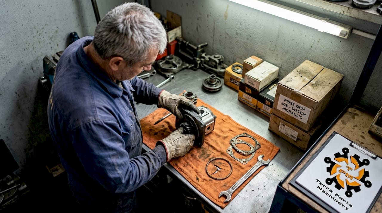Un mecanic înlocuiește piese la pompa hidraulică a utilajului JCB.