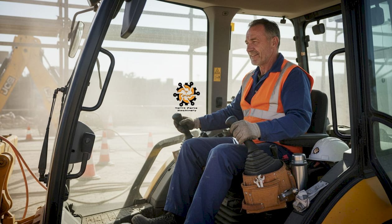 Pe șantier, un operator manevrează un buldoexcavator JCB.