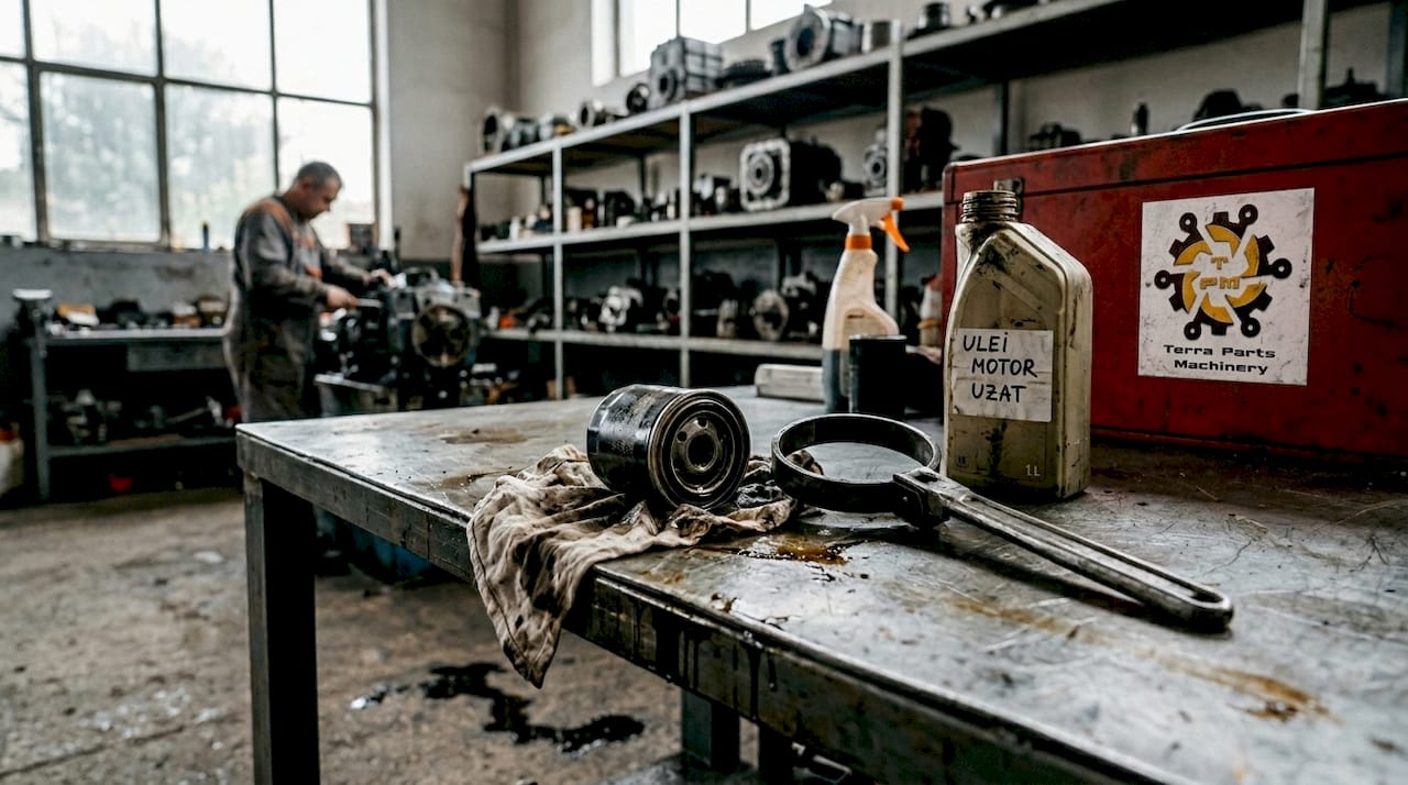 Un filtru de ulei pentru motor așezat pe bancul de lucru din atelier