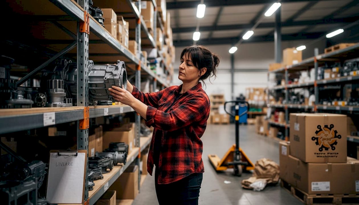 Un angajat aranjează piese auto aftermarket pe rafturile din depozit.
