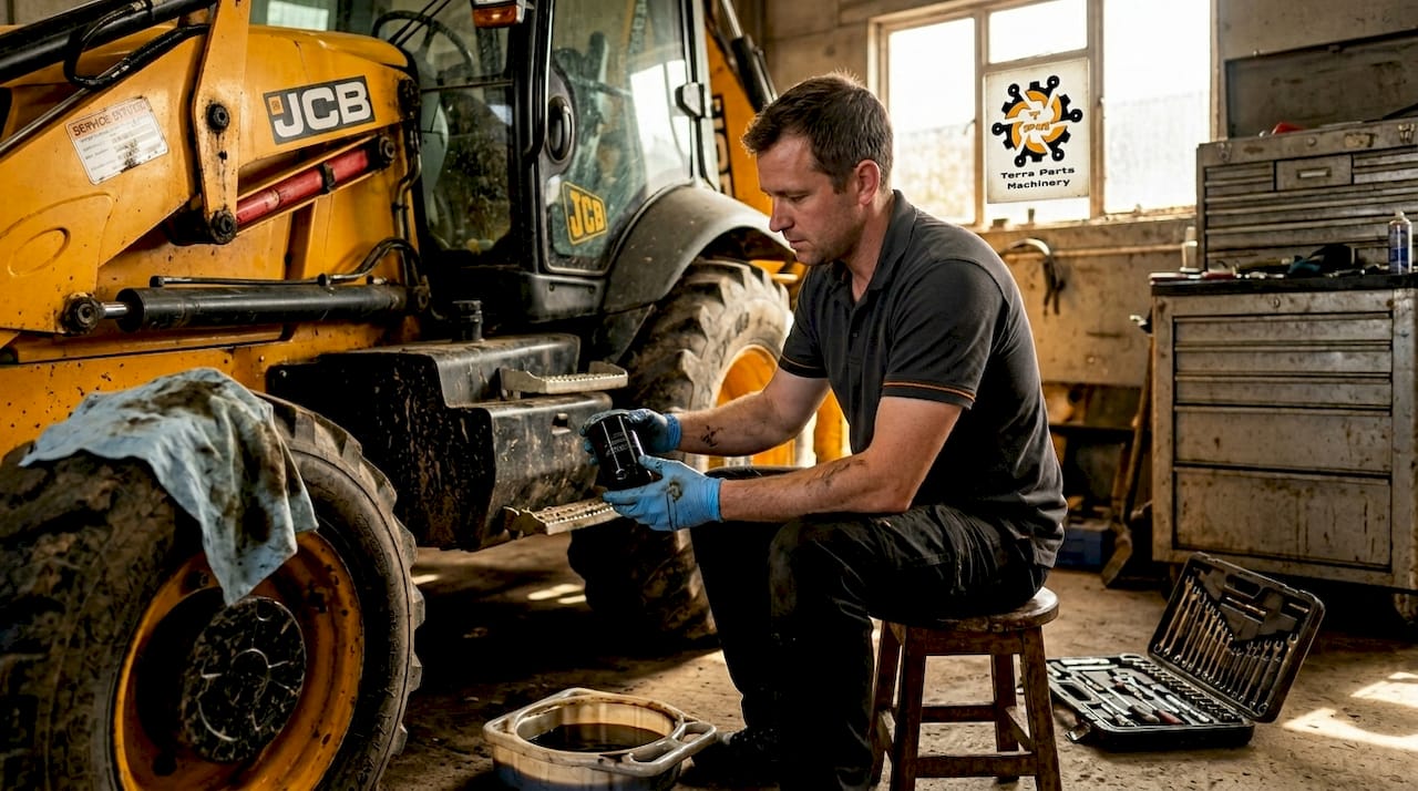 Un tehnician înlocuiește filtrul de ulei din cutia de viteze a unui utilaj JCB.