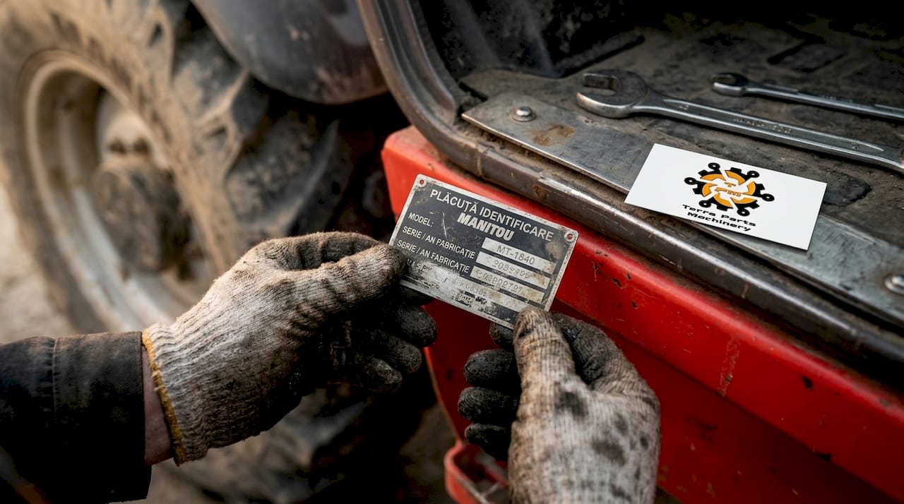 Două mâini țin o plăcuță de identificare Manitou.