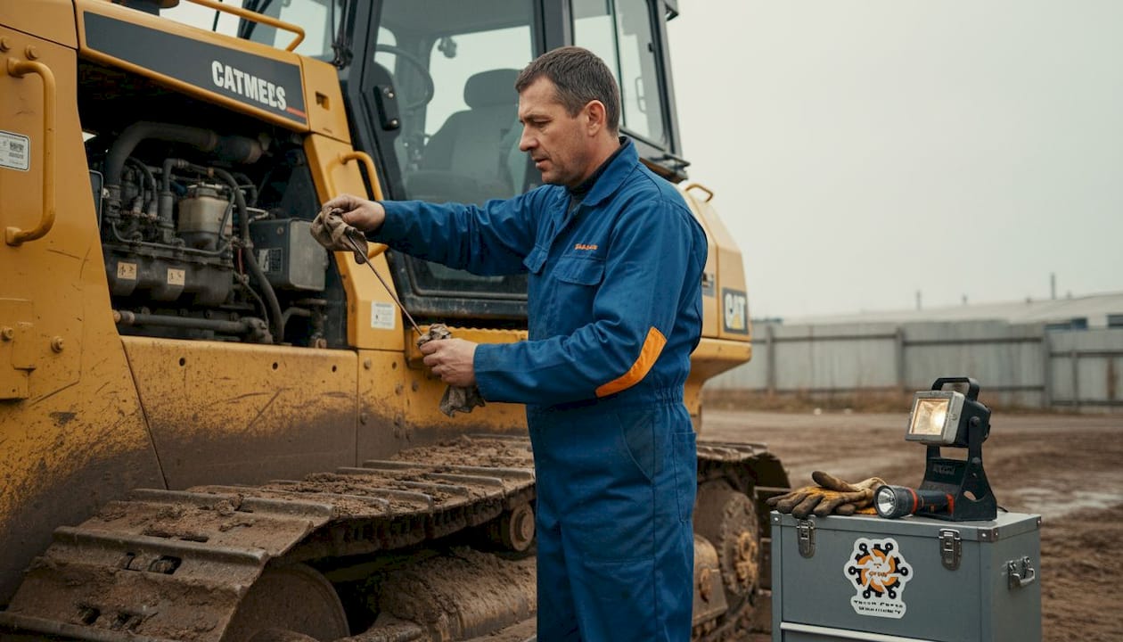 Un mecanic inspectează nivelul uleiului la buldozer, imediat după ce acesta a fost folosit.