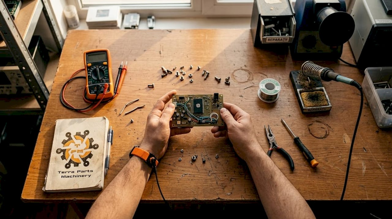 Un tehnician inspectează atent un microcontroler pe o placă electronică, în atelier.