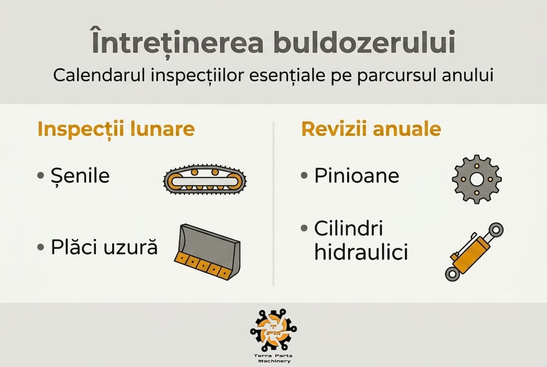 Calendar ilustrat pentru reviziile și întreținerea pieselor la buldozer