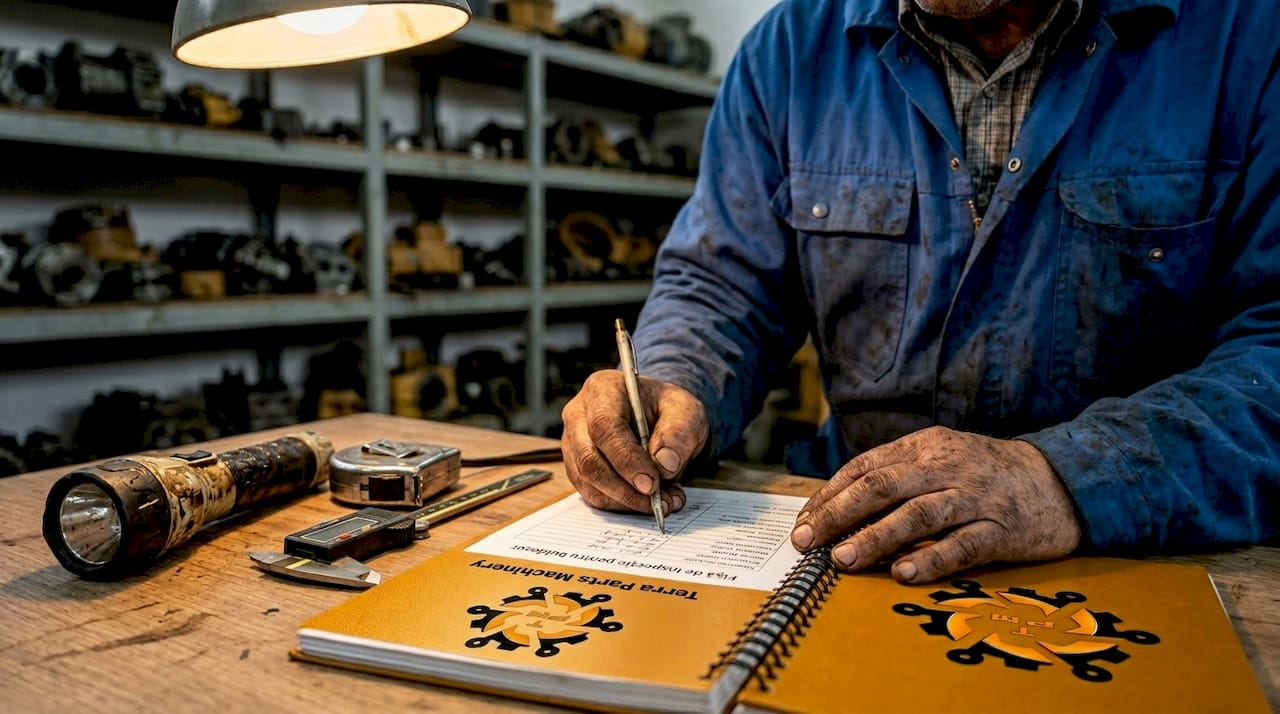 Mecanicŭl completează raportul de inspecție pentru buldozer.