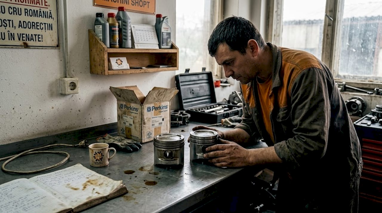 Analiză comparativă a pieselor de motor Perkins direct pe bancul de lucru din atelier