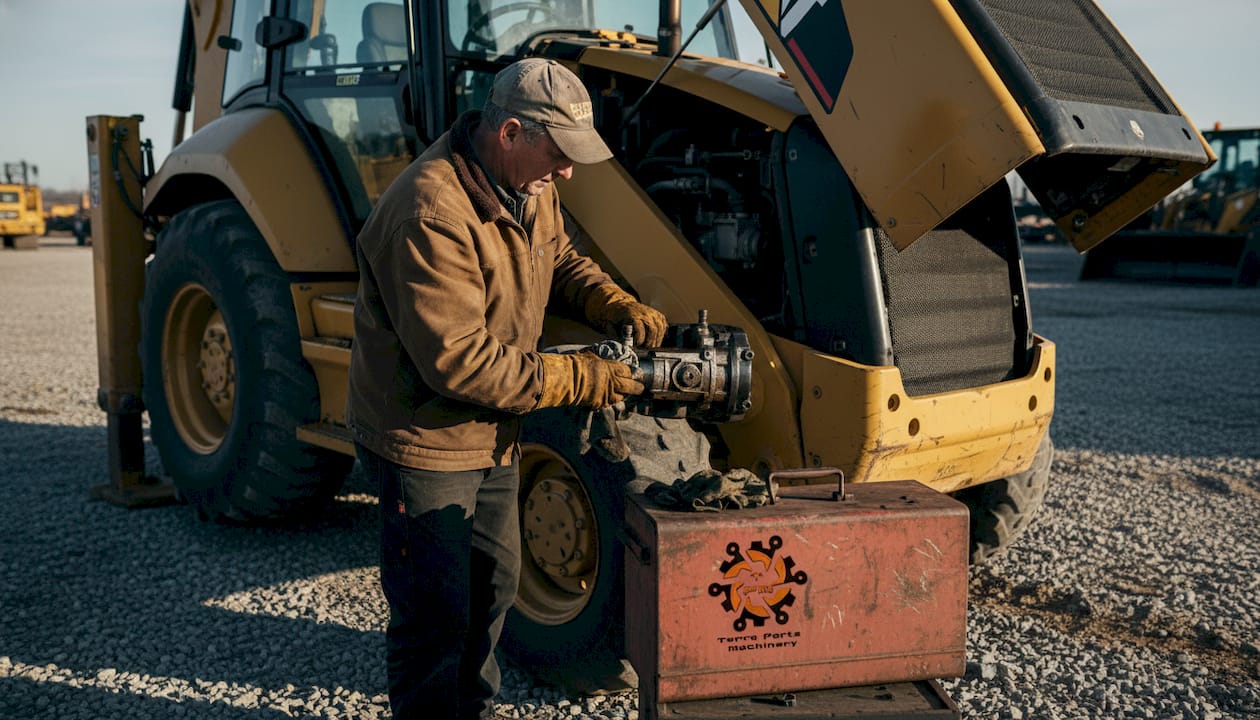 Un operator igienizează pompa hidraulică a unui buldoexcavator CAT 416F.