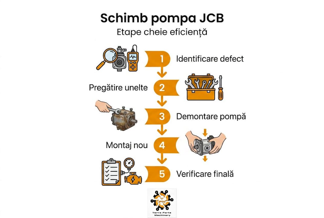 Infografic: pașii necesari pentru înlocuirea pompei hidraulice la utilajele JCB