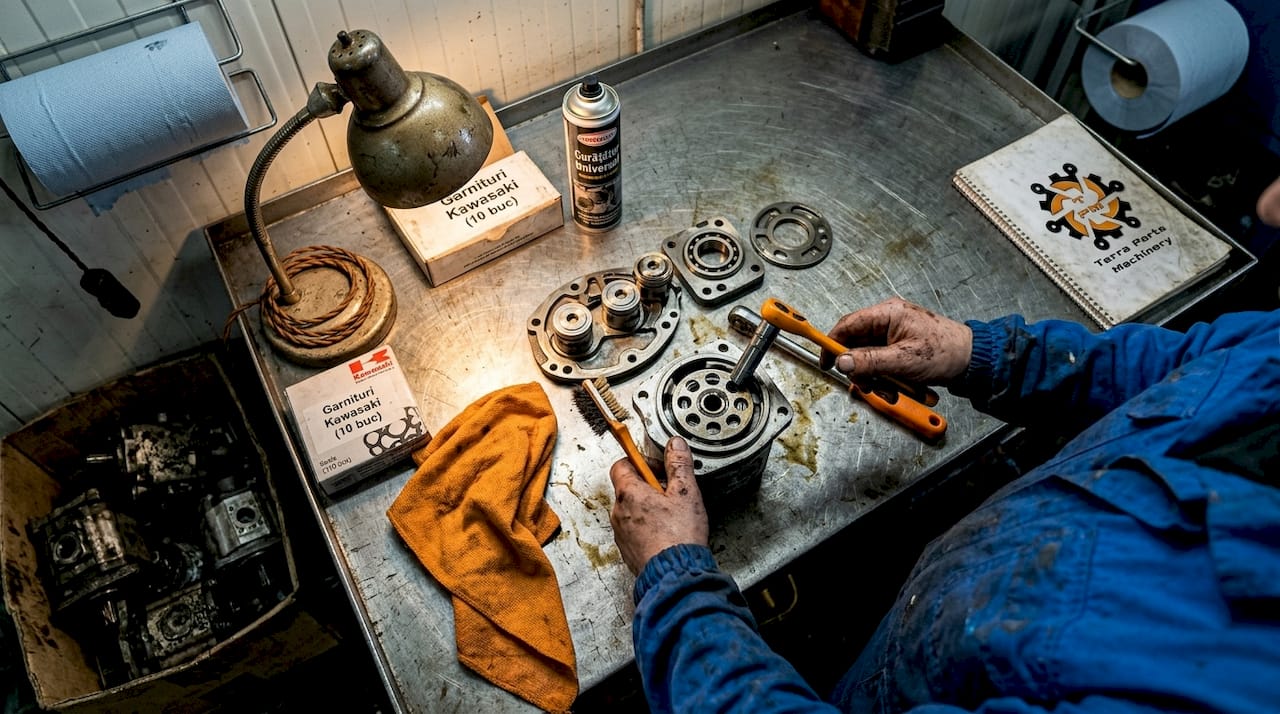 Un tehnician lucrează la repararea unei pompe hidraulice Kawasaki pe bancul de lucru.