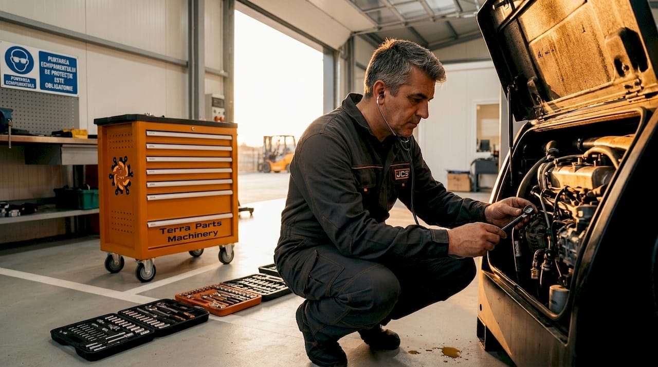 Un tehnician verifică sunetul motorului Dieselmax cu ajutorul unui stetoscop, pentru a depista eventualele probleme.