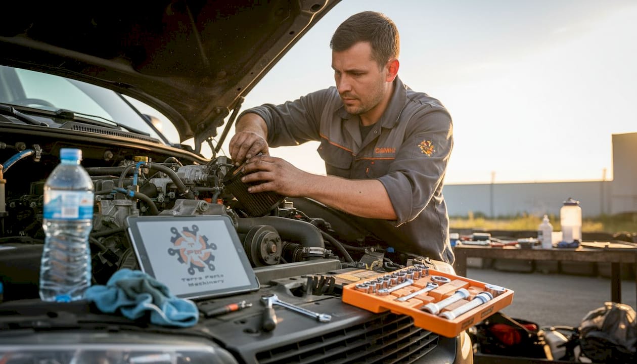 Mecanicul înlocuiește filtrul de aer la un motor Cummins
