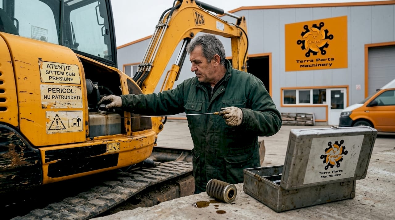 Un tehnician verifică nivelul uleiului hidraulic la un excavator JCB.