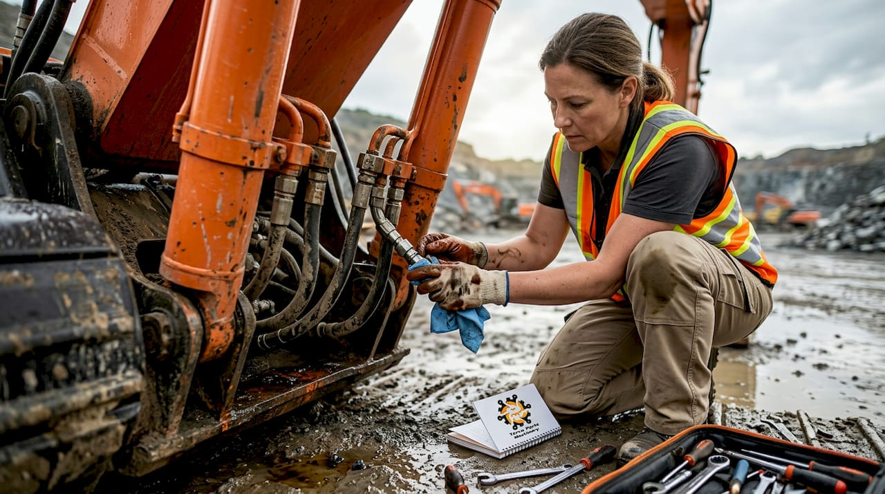 Un tehnician verifică sistemul hidraulic al unui excavator.