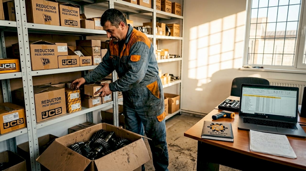 Un angajat aranjează pe rafturi componentele pentru reductoarele JCB, asigurându-se că fiecare piesă este sortată corect.
