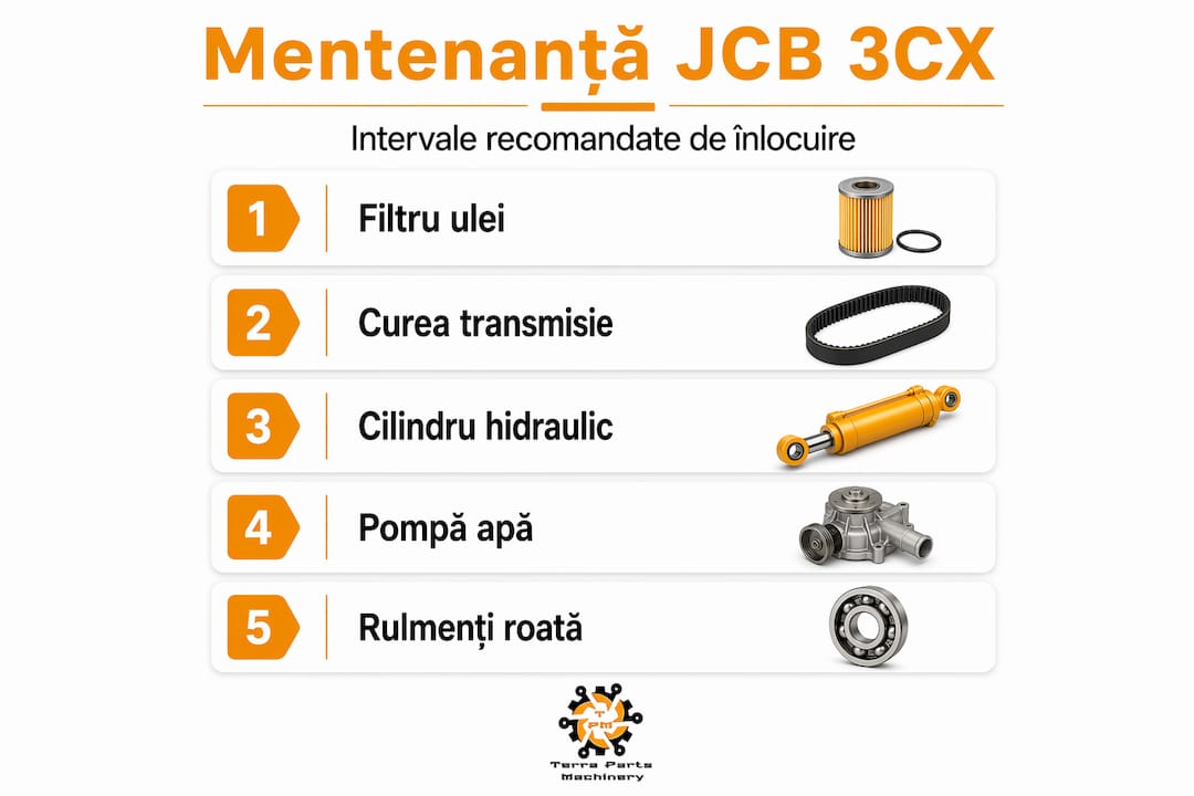 Grafic informativ cu perioadele de întreținere pentru piesele utilajului JCB 3CX