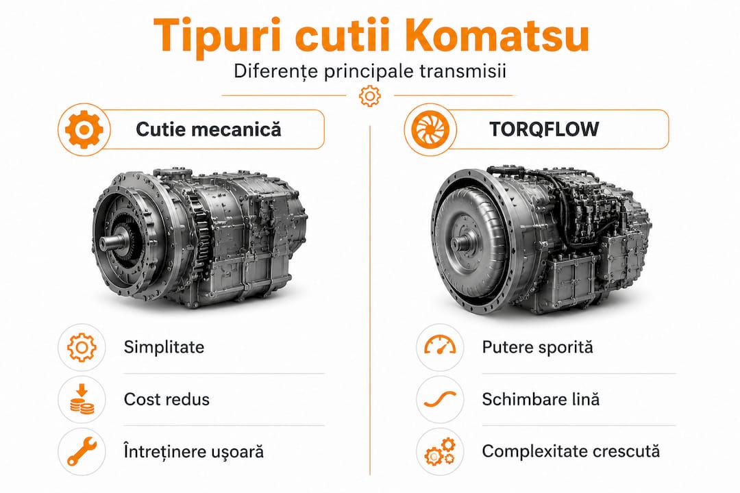 Infografic: cutia de viteze mecanică vs. sistemul TORQFLOW de la Komatsu – comparație detaliată