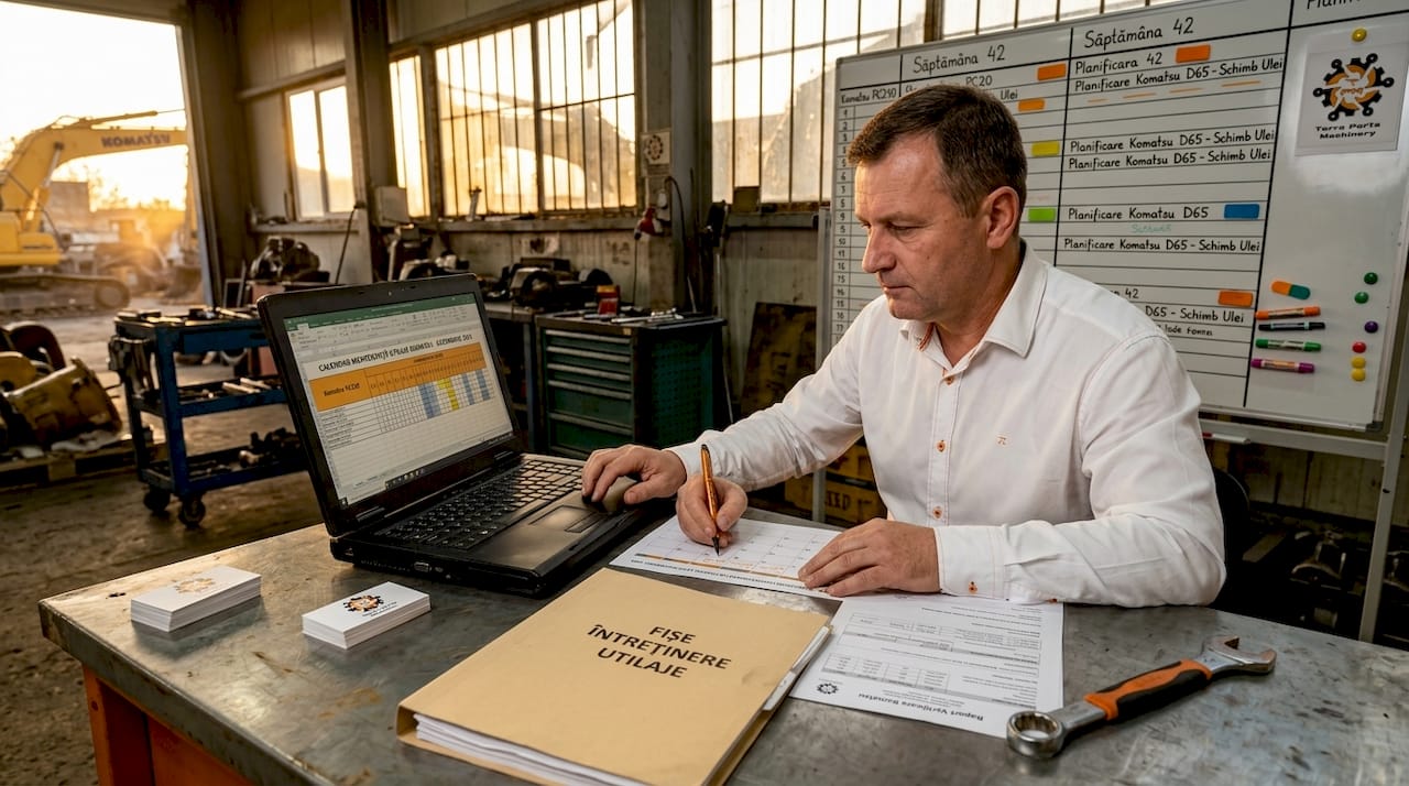 Managerul de flotă organizează programul de mentenanță pentru utilajele Komatsu.