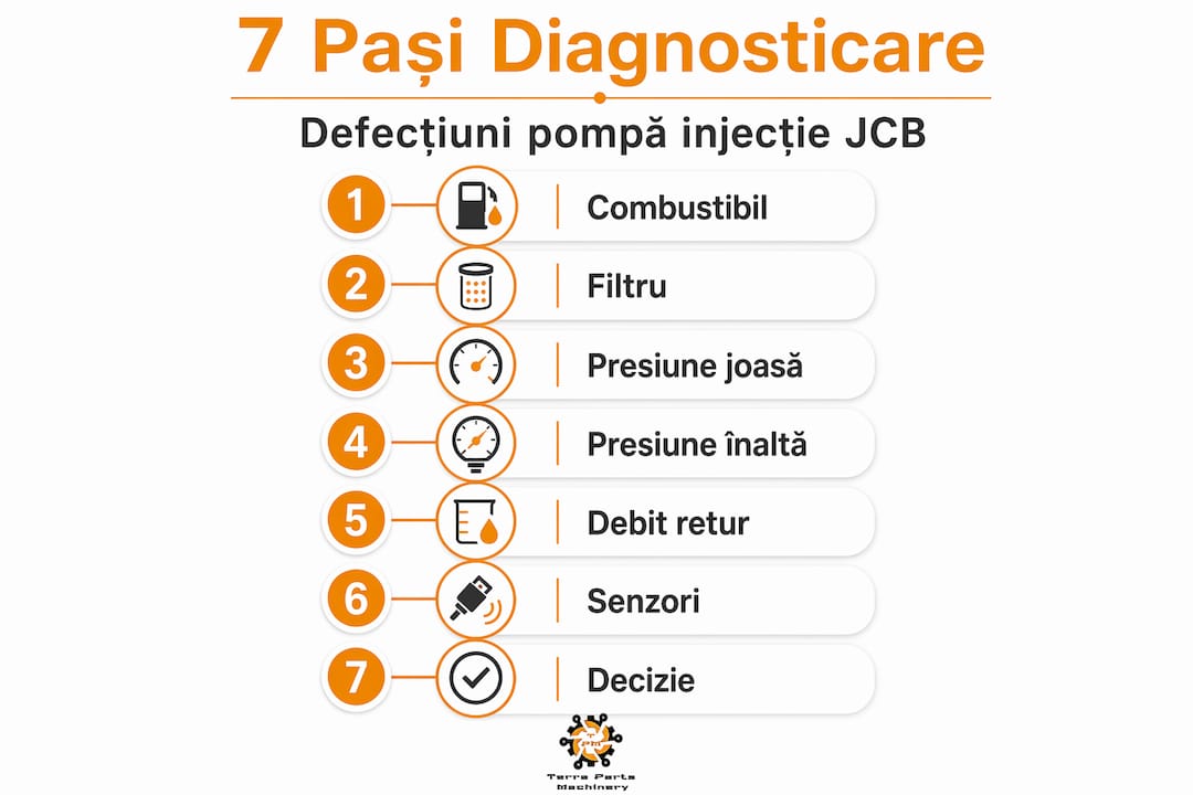 Infografic: etapele verificării și diagnosticării pompei de injecție JCB