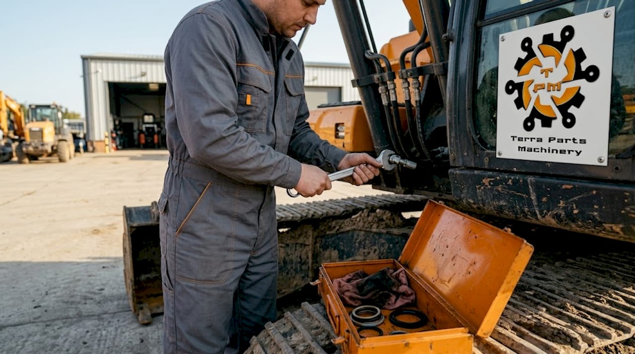 Un tehnician strânge furtunul hidraulic al unui excavator, chiar pe șantier.