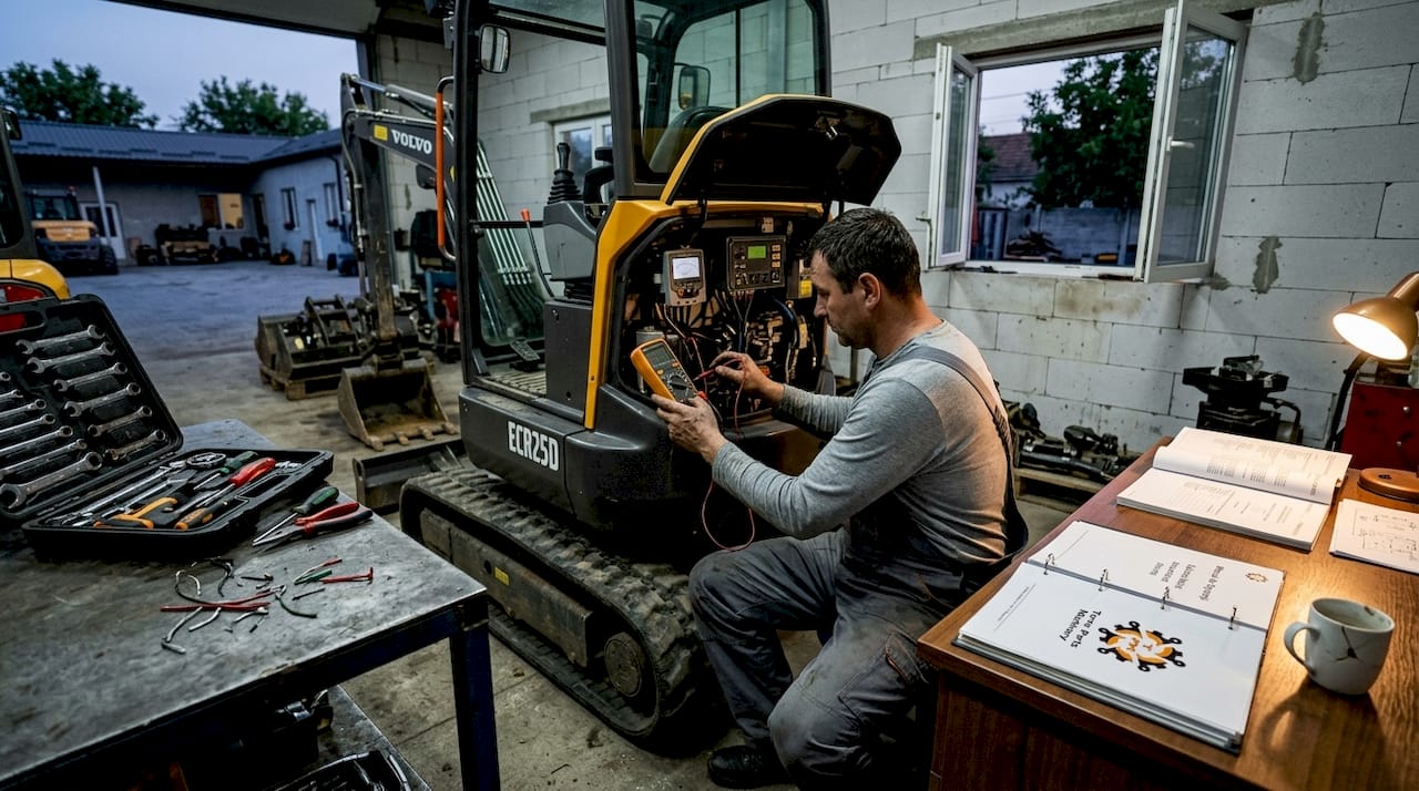 Un tehnician specializat efectuează verificarea pieselor pentru miniexcavatoarele Volvo în service.