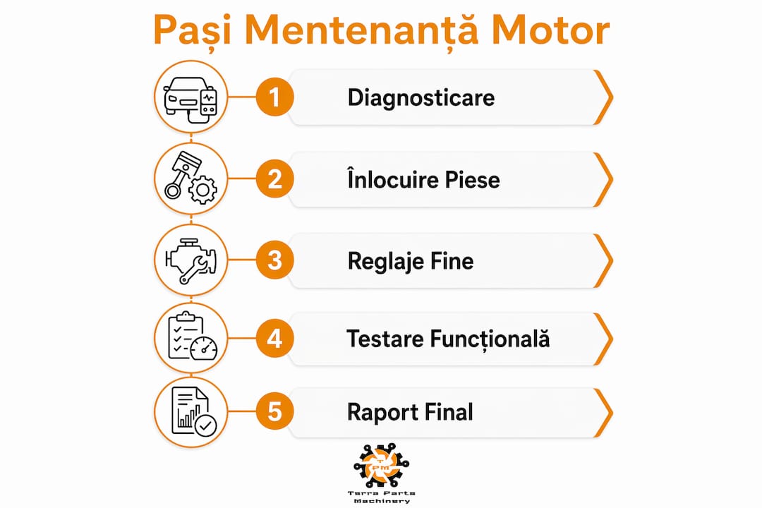 Infografic cu pașii esențiali pentru întreținerea motoarelor Liebherr