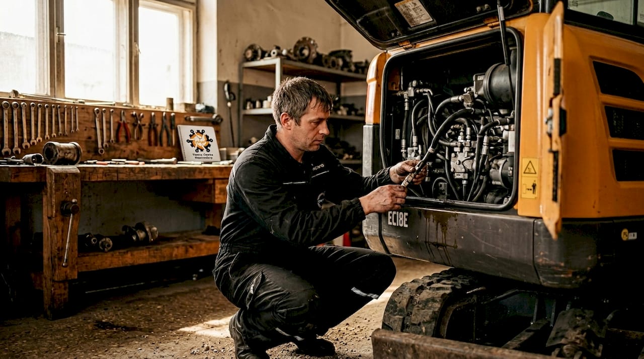 Tehnicianul verifică sistemul hidraulic al buldoexcavatorului Volvo