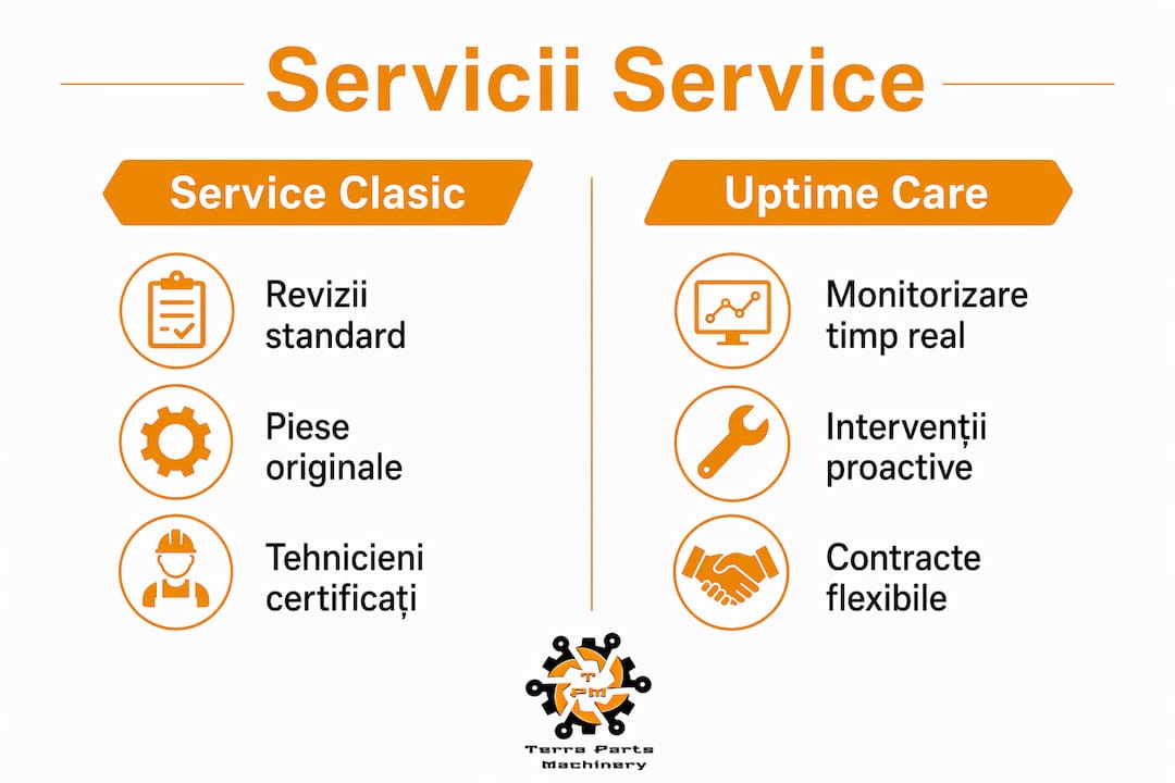 Prezentare grafică a serviciilor oferite pentru buldoexcavatoarele Volvo – comparație detaliată