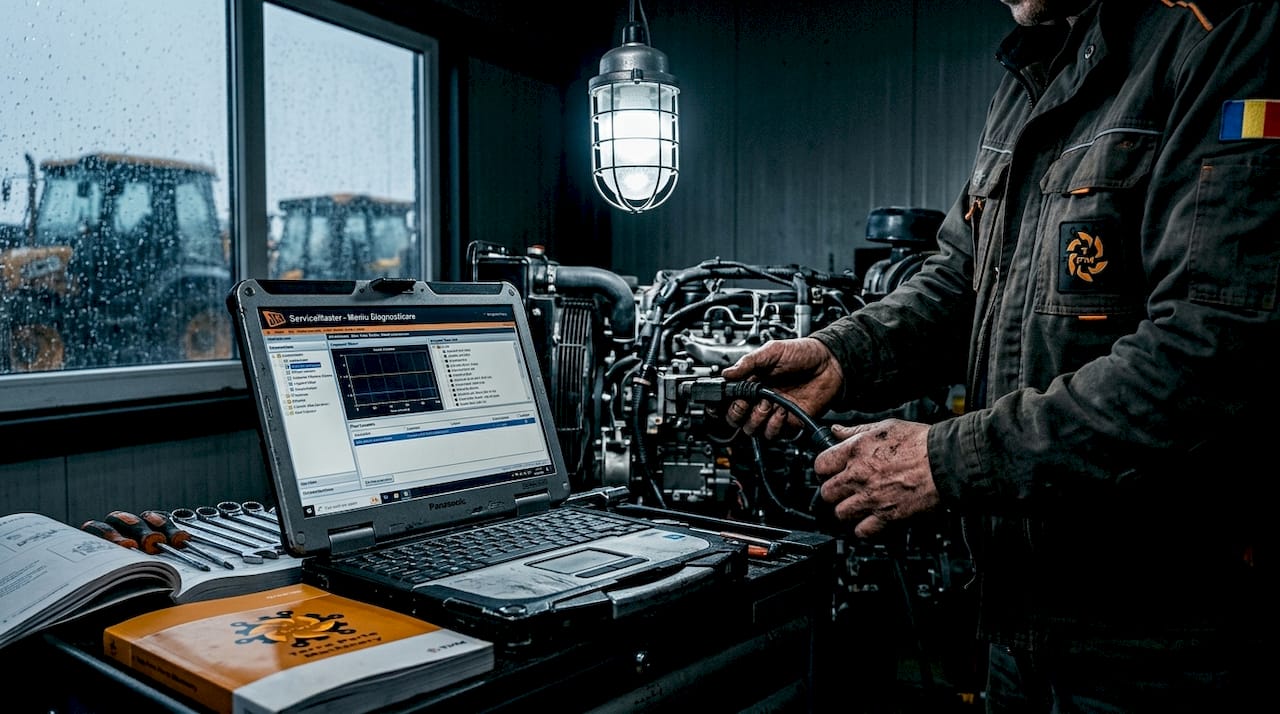 Mecanic la lucru, diagnosticând motorul cu ajutorul aplicației JCB ServiceMaster