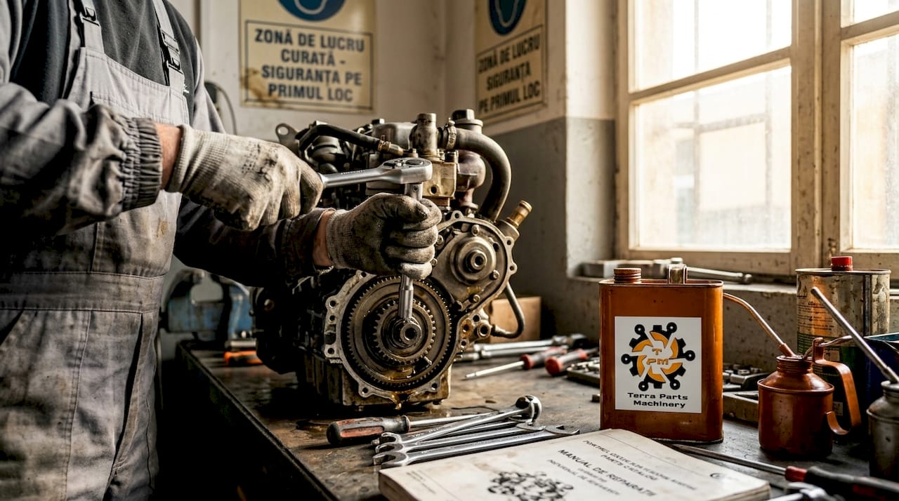 Mâinile unui tehnician lucrează la reparația motorului unui utilaj JCB