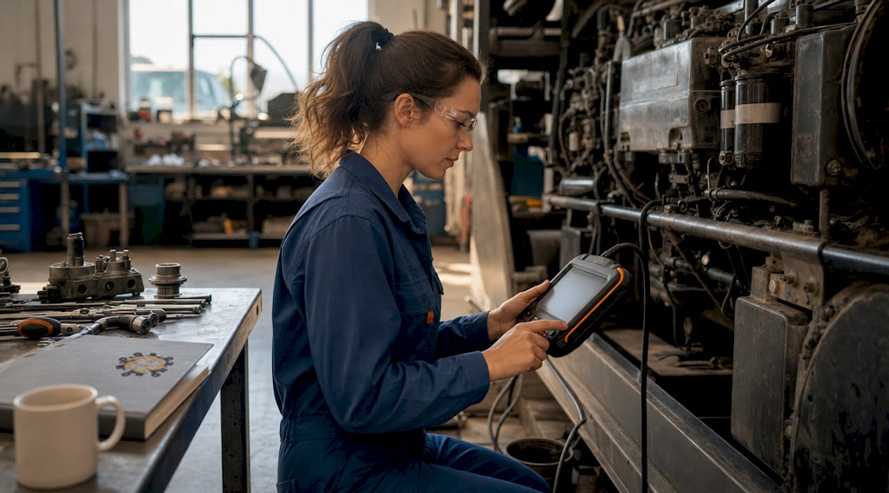Un tehnician verifică motorul diesel cu ajutorul unui scanner de diagnoză.