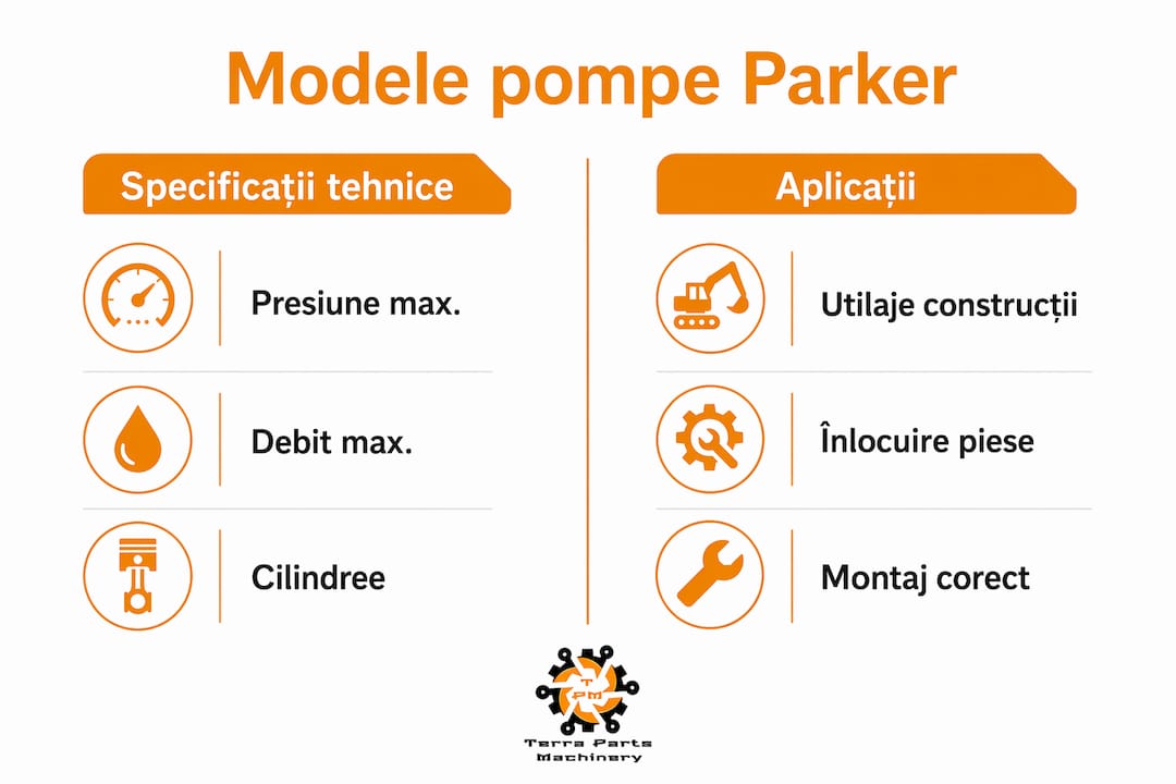 Infografic comparativ: modelele de pompe Parker și domeniile lor de utilizare
