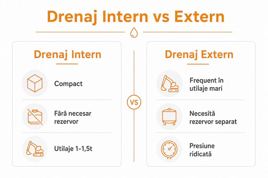 Infografic care prezintă diferențele dintre drenajul intern și extern la pompele hidraulice Nachi