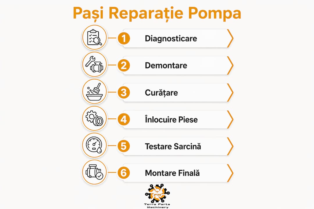 Infografic: Cum reparăm pompa hidraulică la utilajele Caterpillar, pas cu pas