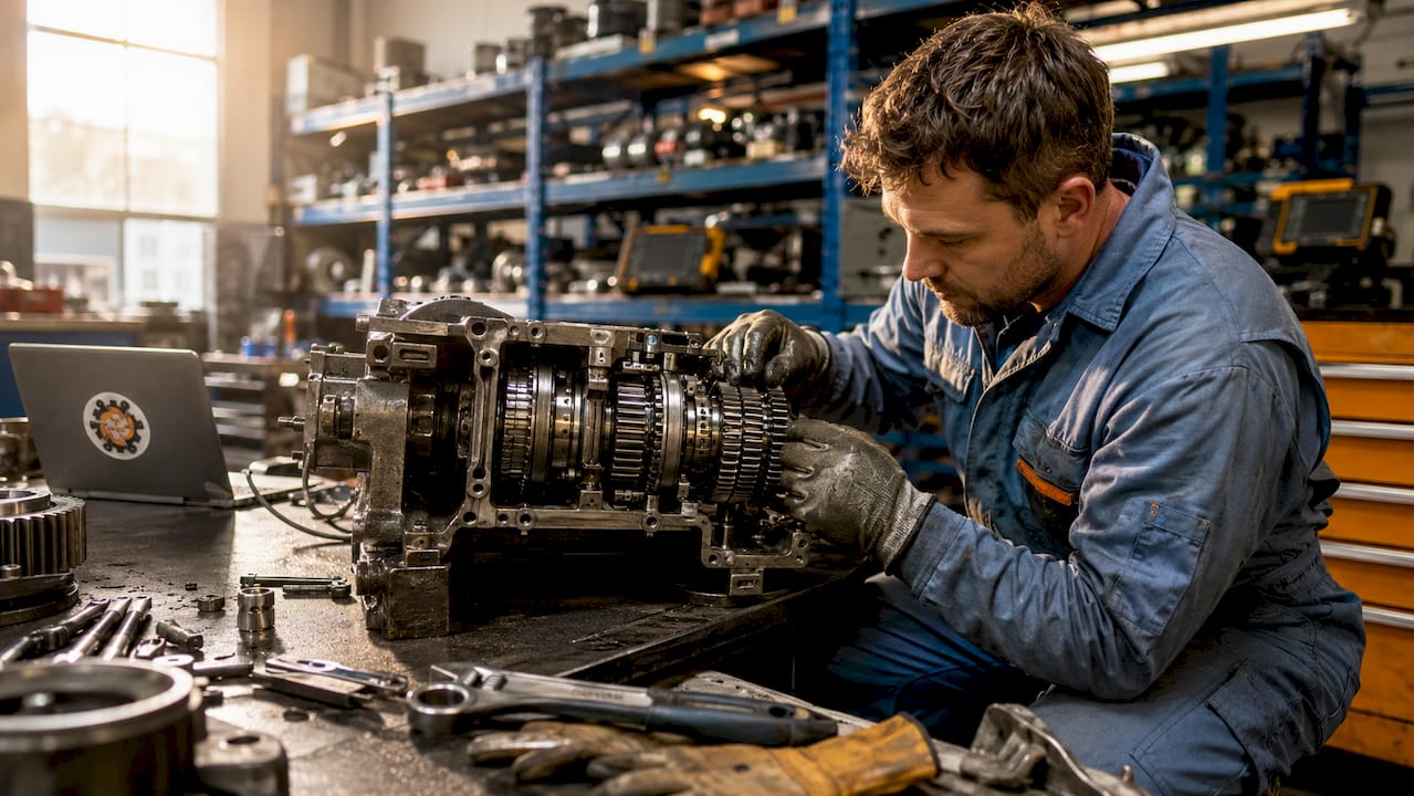 Mâinile pricepute ale mecanicului verifică cutia de viteze Powershift, în căutarea oricărei defecțiuni.