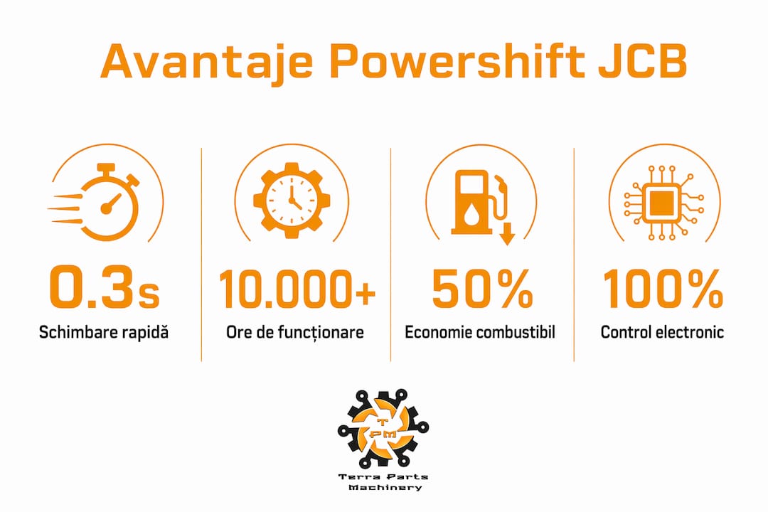 Descoperă într-un infografic avantajele cheie ale cutiei de viteze Powershift de la JCB