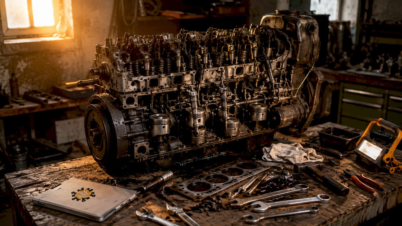 Vedere detaliată a motorului diesel de pe combină și a sculelor folosite în atelier
