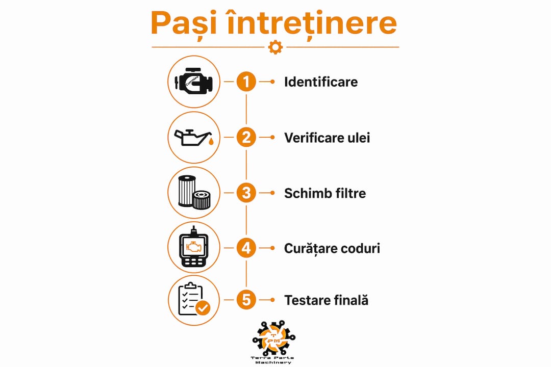 Infografic vertical: etapele esențiale pentru întreținerea motorului Cummins Fastrac