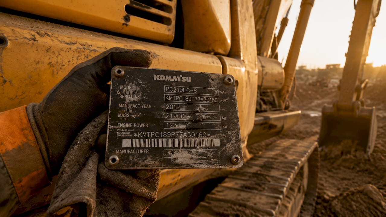 Placă de identificare Komatsu fotografiată de aproape