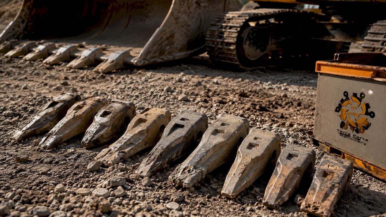 Detaliu cu dinții uzati ai cupei unui excavator