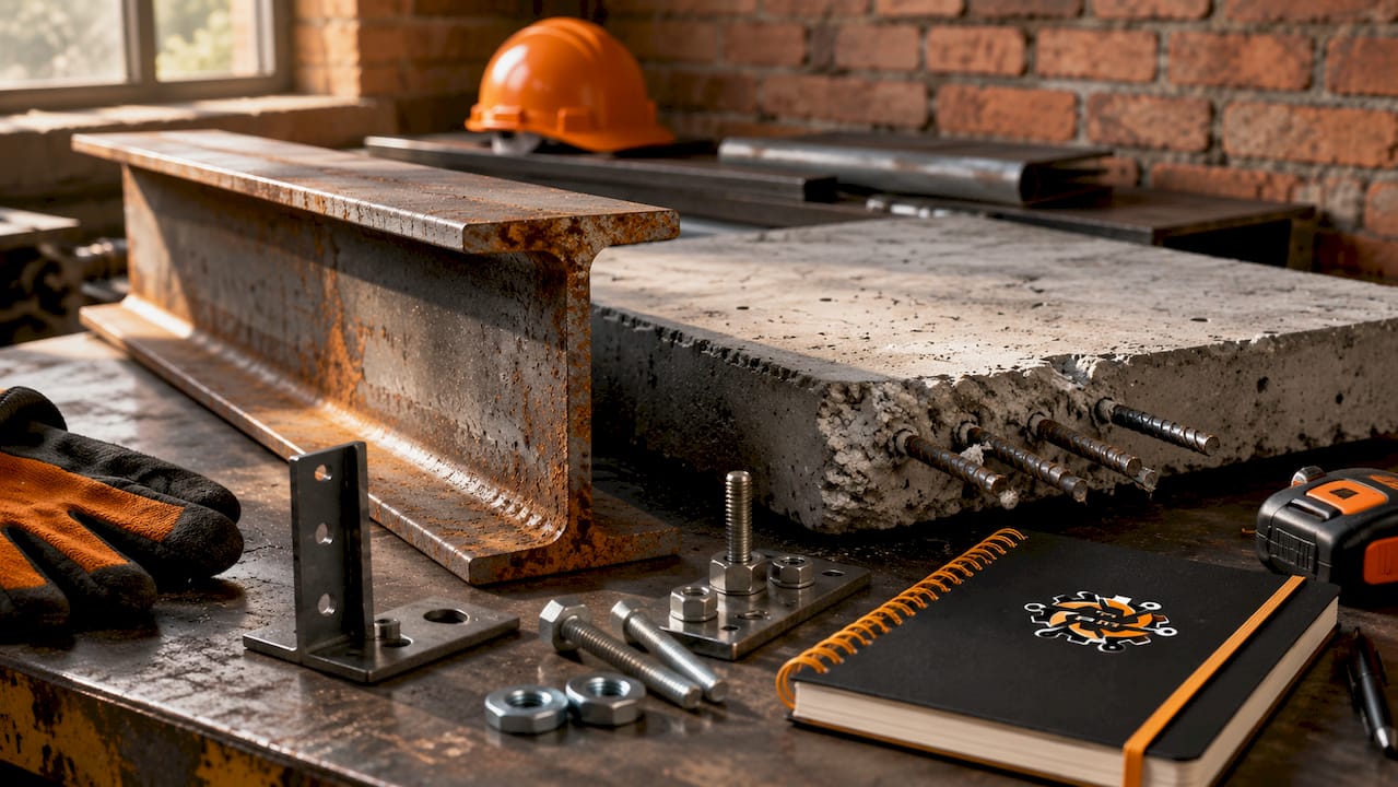 Pe masă sunt așezate diverse componente din metal și beton, folosite la construcții.
