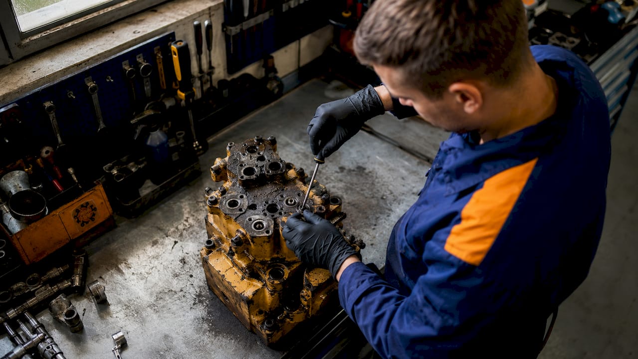 Un mecanic lucrează la demontarea unei componente hidraulice de pe un utilaj Caterpillar.