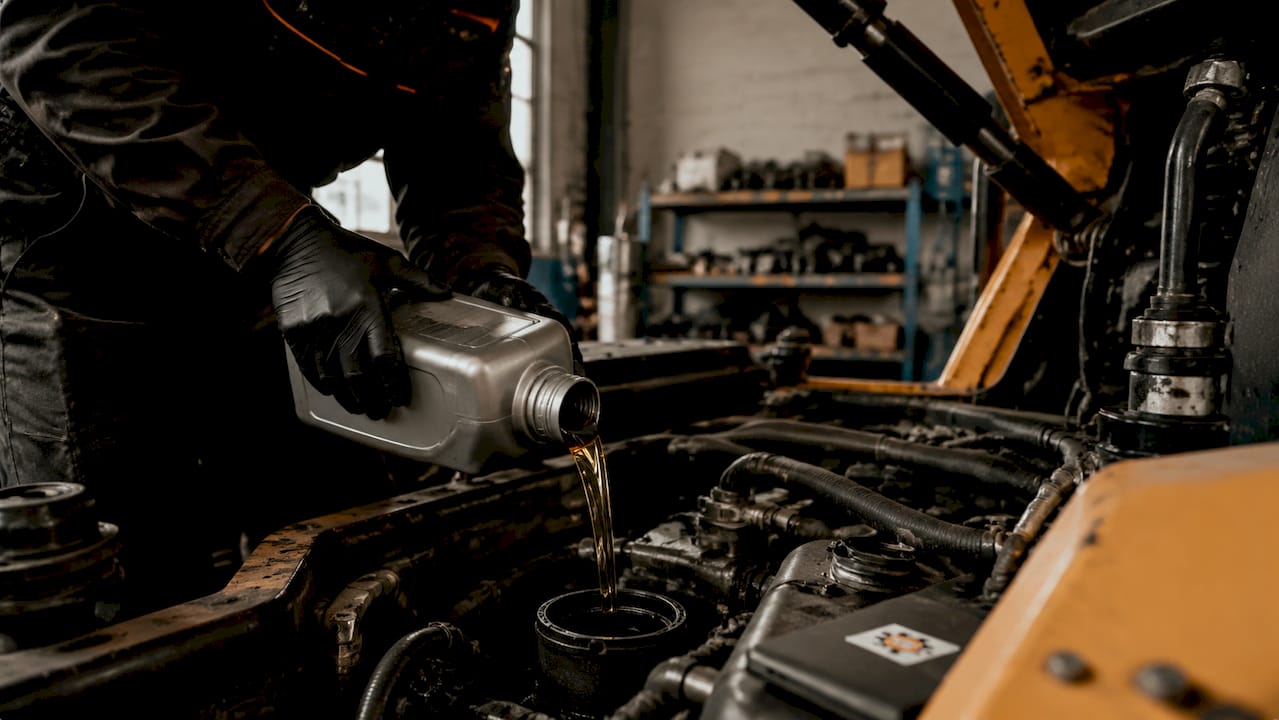 Mâini care toarnă ulei de motor într-un utilaj diesel de construcții