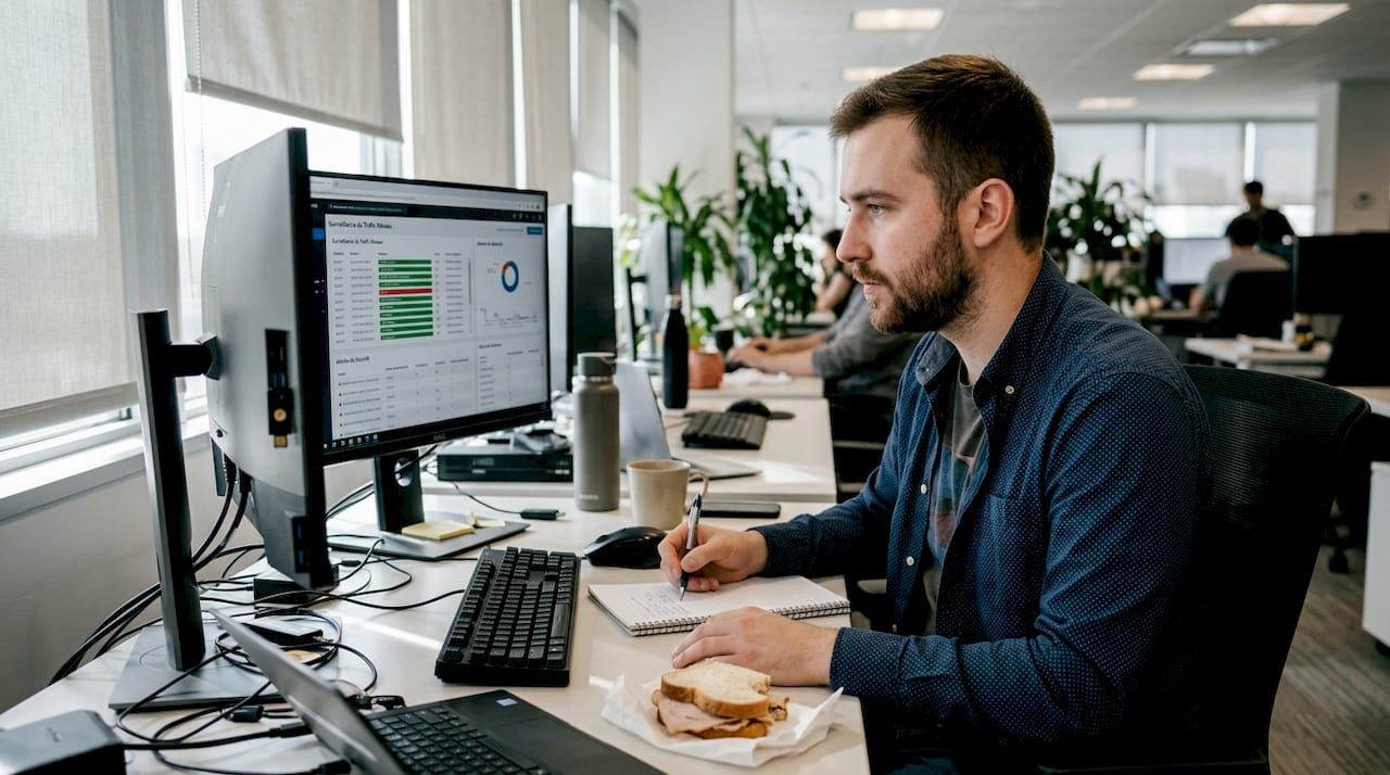 Un analyste SOC surveille en temps réel plusieurs écrans dans un espace de travail ouvert.