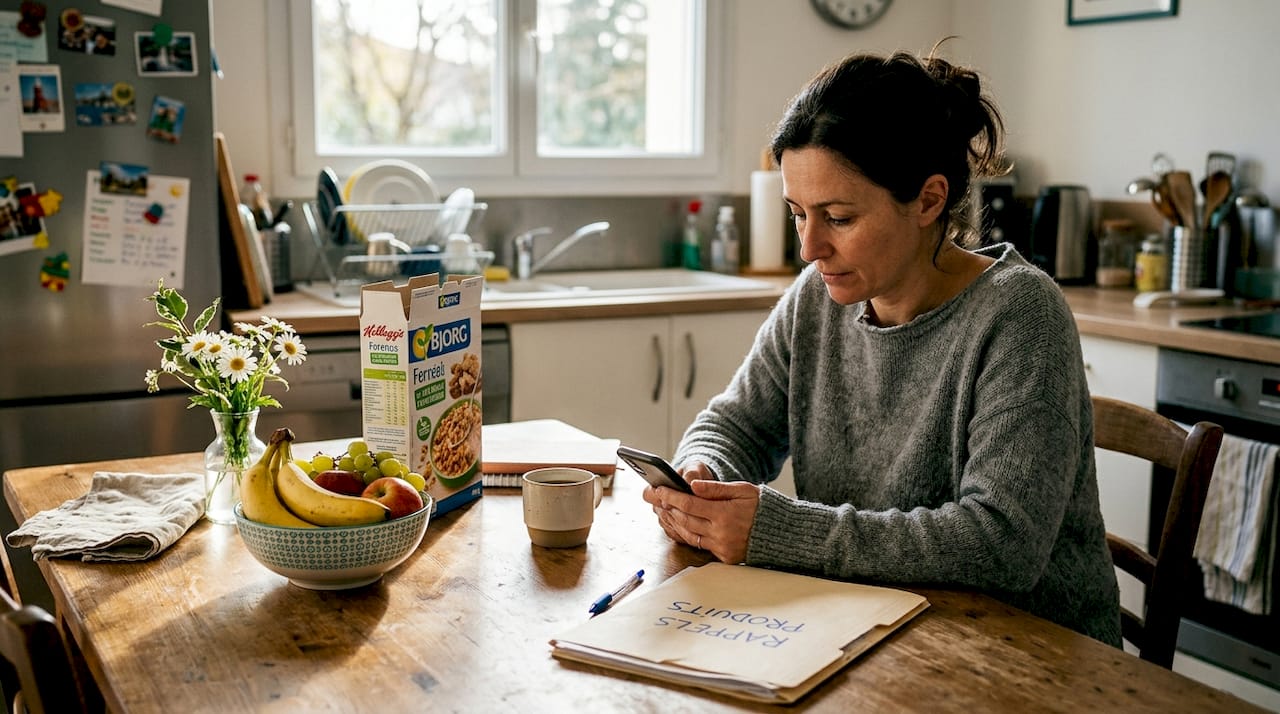 Une femme vérifie les notifications de rappel de produits dans sa cuisine.