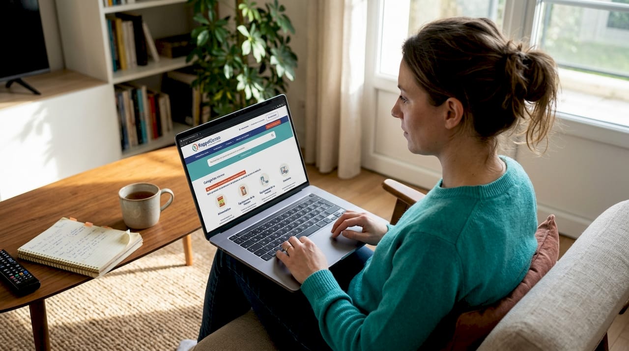 Une femme consulte ses notifications sur son ordinateur chez elle.
